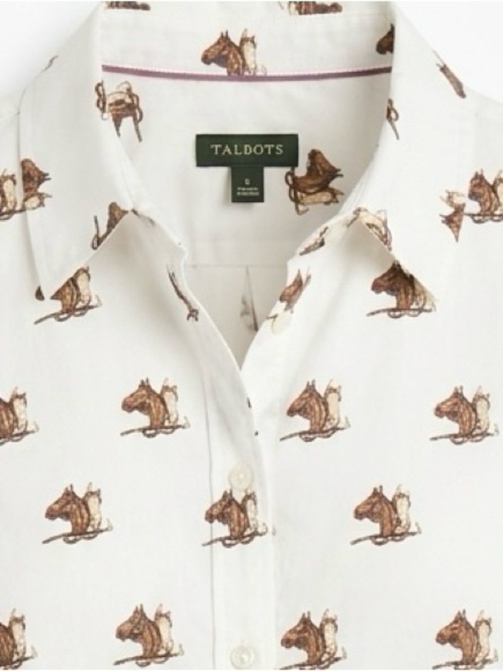 Talbots Cream Shirt with Brown Horse Print
